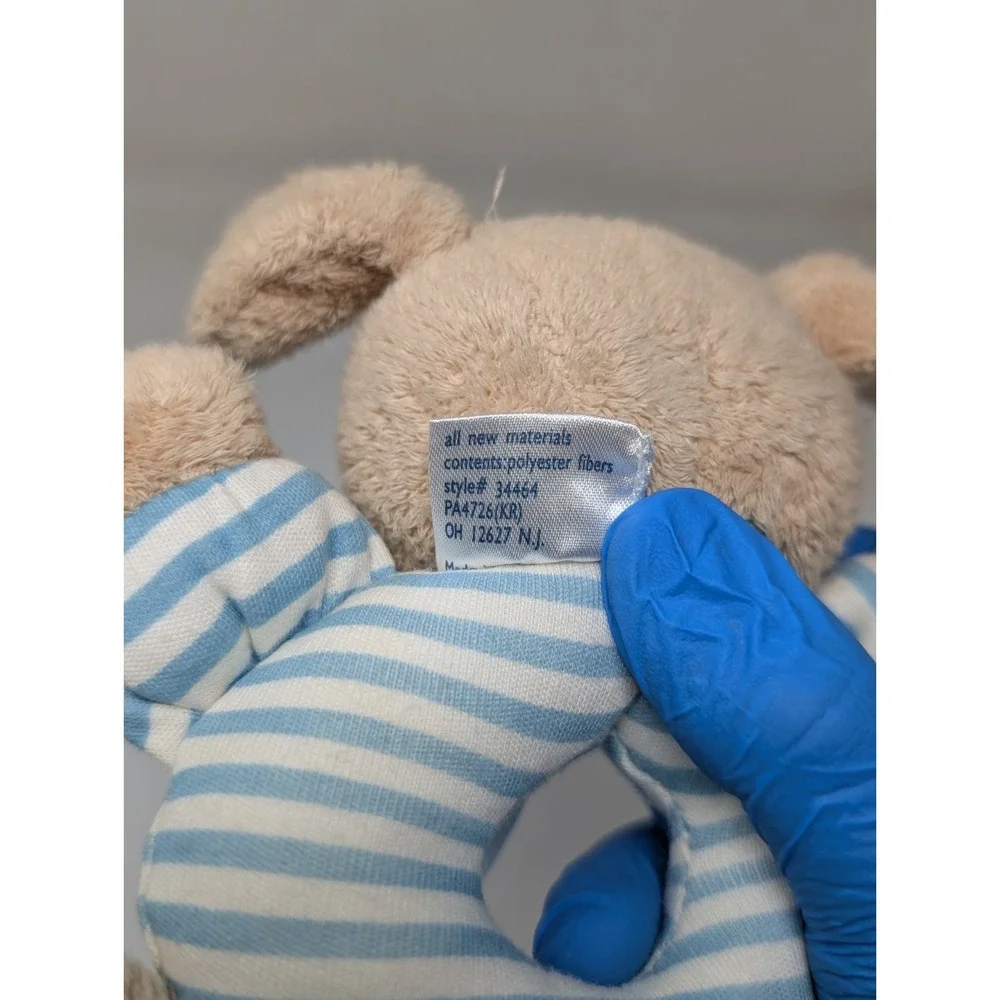 Carters Just One Year Baby Rattle Plush Puppy‎ Dog Blue Stripe Ring Prestige Toy